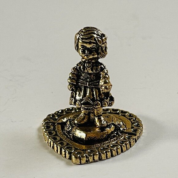 Girl Figure Standing on Heart Pedestal Gold Tone Mini Figurine - Picture 1 of 7